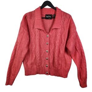 VTG 90s Cable Knit Sweater Cardigan Sz M Mohair Acrylic Blend Pink Button Preppy